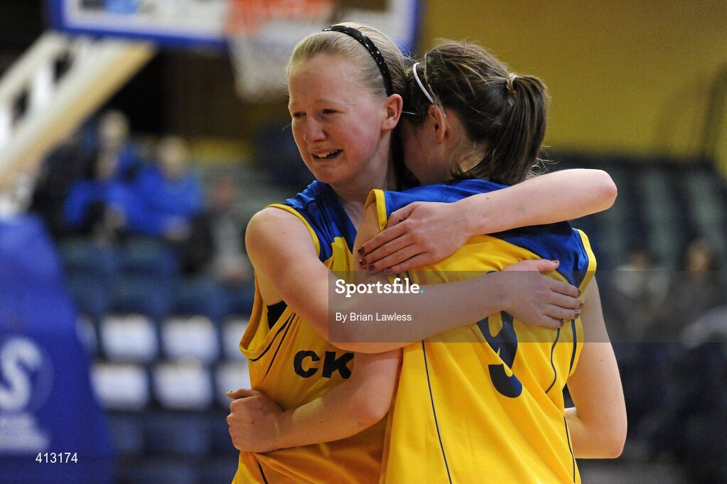 25 March 2010; Ciara Lynch, left, comforts team-mate Sarah Glaney, Christ King Secondary School, at the end of the game, after Glaney missed a free throw to tie the game. U16C Girls - All-Ireland Schools League Finals 2010, Christ King Secondary School, Cork v St. Attractas Community School, Tubbercurry, Co. Sligo, National Basketball Arena, Tallaght, Dublin. Picture credit: Brian Lawless / SPORTSFILE