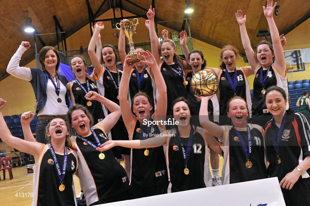 25 March 2010; The St. Attractas Community School team celebrate with the cup. U16C Girls - All-Ireland Schools League Finals 2010, Christ King Secondary School, Cork v St. Attractas Community School, Tubbercurry, Co. Sligo, National Basketball Arena, Tallaght, Dublin. Picture credit: Brian Lawless / SPORTSFILE
