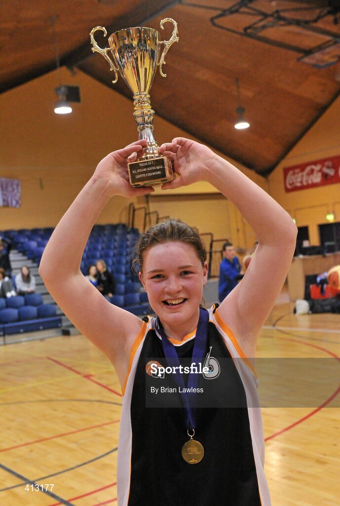 25 March 2010; St. Attractas Community School captain Bernie Connolly lifts the cup. U16C Girls - All-Ireland Schools League Finals 2010, Christ King Secondary School, Cork v St. Attractas Community School, Tubbercurry, Co. Sligo, National Basketball Arena, Tallaght, Dublin. Picture credit: Brian Lawless / SPORTSFILE