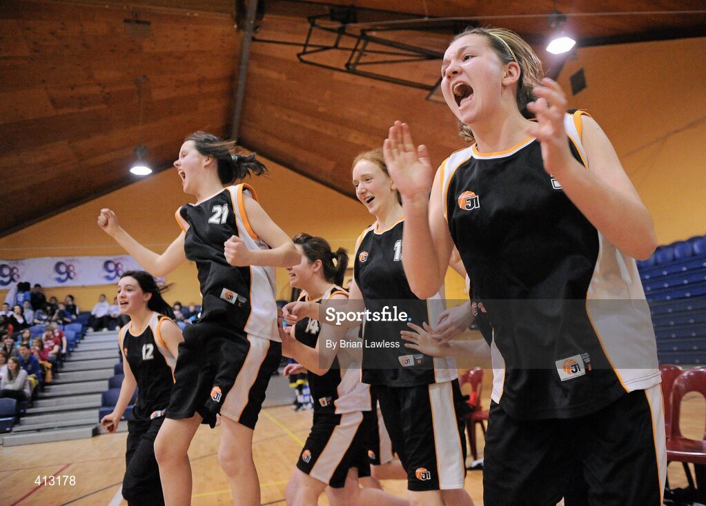 25 March 2010; Orla Coleman, right, St. Attractas Community School, and her team-mates celebrate at the final whistle. U16C Girls - All-Ireland Schools League Finals 2010, Christ King Secondary School, Cork v St. Attractas Community School, Tubbercurry, Co. Sligo, National Basketball Arena, Tallaght, Dublin. Picture credit: Brian Lawless / SPORTSFILE