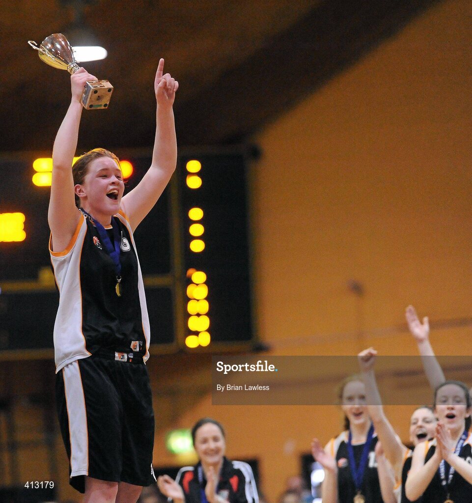 25 March 2010; St. Attractas Community School captain Bernie Connolly lifts the cup. U16C Girls - All-Ireland Schools League Finals 2010, Christ King Secondary School, Cork v St. Attractas Community School, Tubbercurry, Co. Sligo, National Basketball Arena, Tallaght, Dublin. Picture credit: Sarah Delahunt / SPORTSFILE