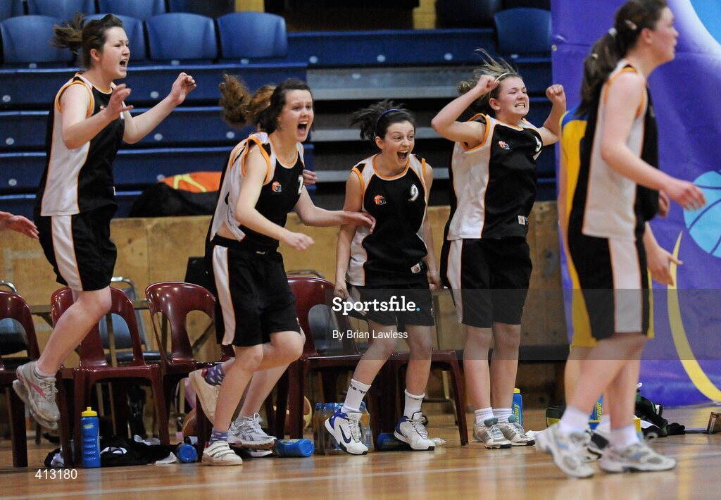 25 March 2010; The St. Attractas Community School subs bench celebrates at the final whistle. U16C Girls - All-Ireland Schools League Finals 2010, Christ King Secondary School, Cork v St. Attractas Community School, Tubbercurry, Co. Sligo, National Basketball Arena, Tallaght, Dublin. Picture credit: Sarah Delahunt / SPORTSFILE