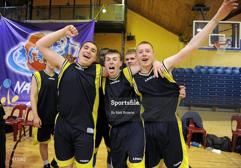 25 March 2010; Colaiste Einde players, from left, Jack Grier, Dylan Tiernan and Sean Hodgson celebrate after the game. U19C Boys - All-Ireland Schools League Finals 2010, Colaiste Einde, Galway v CBS Ennistymon, Clare, National Basketball Arena, Tallaght, Dublin. Picture credit: Matt Browne / SPORTSFILE