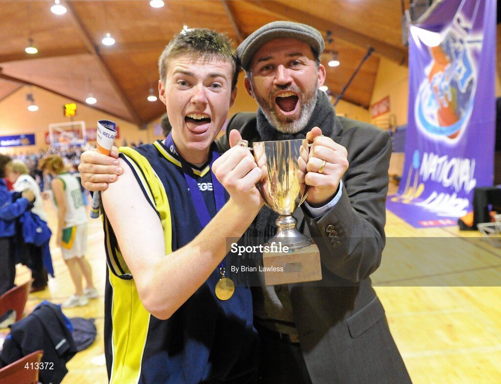 25 March 2010; Dylan Tiernan, Colaiste Einde, celebrates with his father, comedian, Tommy Tiernan after the final. U19C Boys - All-Ireland Schools League Finals 2010, Colaiste Einde, Galway v CBS Ennistymon, Clare, National Basketball Arena, Tallaght, Dublin. Picture credit: Brian Lawless / SPORTSFILE