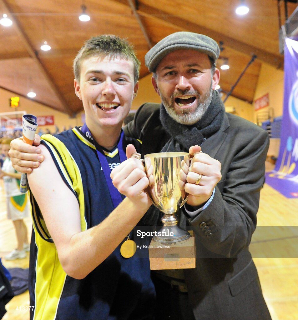 25 March 2010; Dylan Tiernan, Colaiste Einde, celebrates with his father, comedian, Tommy Tiernan after the final. U19C Boys - All-Ireland Schools League Finals 2010, Colaiste Einde, Galway v CBS Ennistymon, Clare, National Basketball Arena, Tallaght, Dublin. Picture credit: Brian Lawless / SPORTSFILE