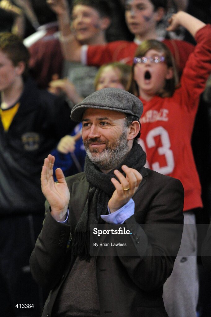 25 March 2010; Comedian Tommy Tiernan applauds after his son Dylan Tiernan's side, Colaiste Einde, won the final. U19C Boys - All-Ireland Schools League Finals 2010, Colaiste Einde, Galway v CBS Ennistymon, Clare, National Basketball Arena, Tallaght, Dublin. Picture credit: Brian Lawless / SPORTSFILE