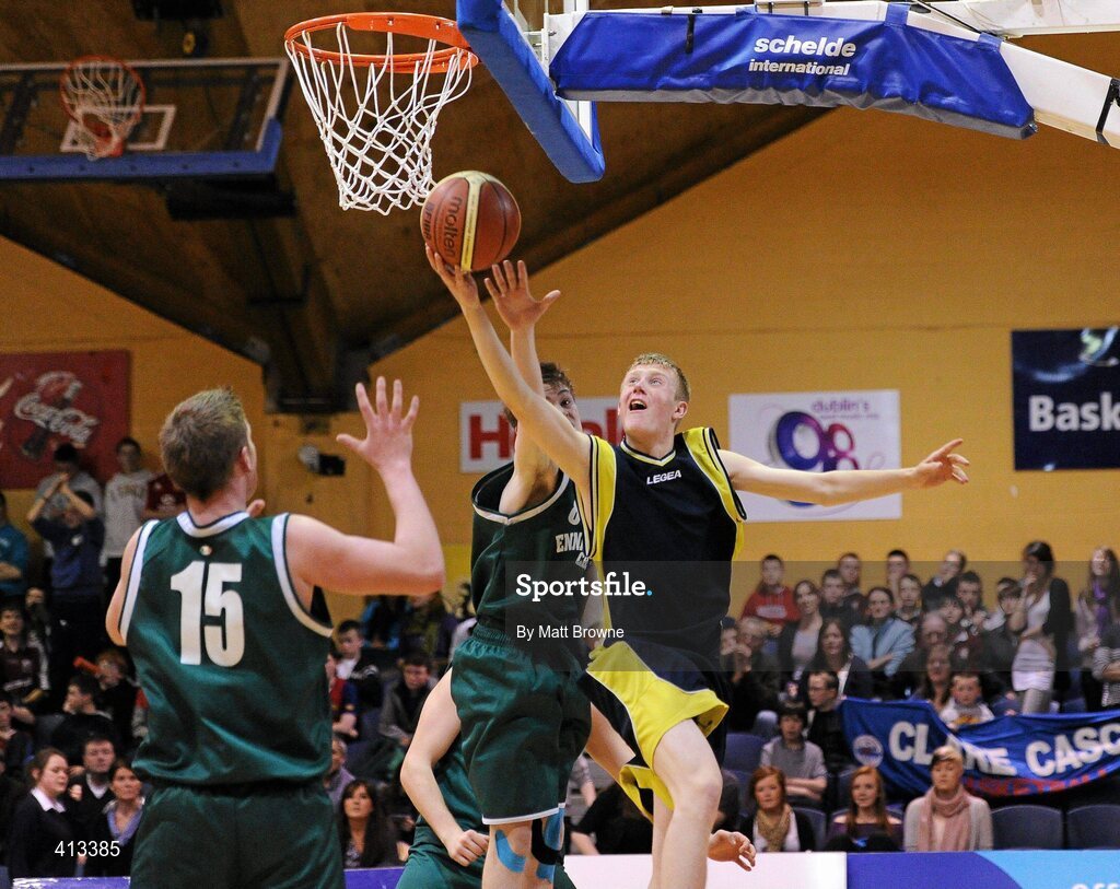 25 March 2010; Toms Fabriciuss, Colaiste Einde, in action against Michael Leigh, CBS Ennistymon. U19C Boys - All-Ireland Schools League Finals 2010, Colaiste Einde, Galway v CBS Ennistymon, Clare, National Basketball Arena, Tallaght, Dublin. Picture credit: Matt Browne / SPORTSFILE