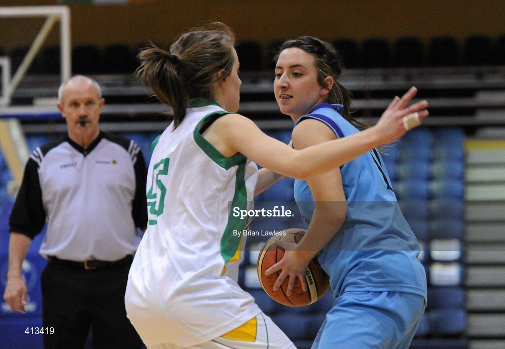 25 March 2010; Julie Doyle, Stella Maris Secondary School, in action against Aislinn Mythen, St Mary's College. U19C Girls - All-Ireland Schools League Finals 2010, St Mary's College, Arklow v Stella Maris Secondary School, Waterford, National Basketball Arena, Tallaght, Dublin. Picture credit: Brian Lawless / SPORTSFILE