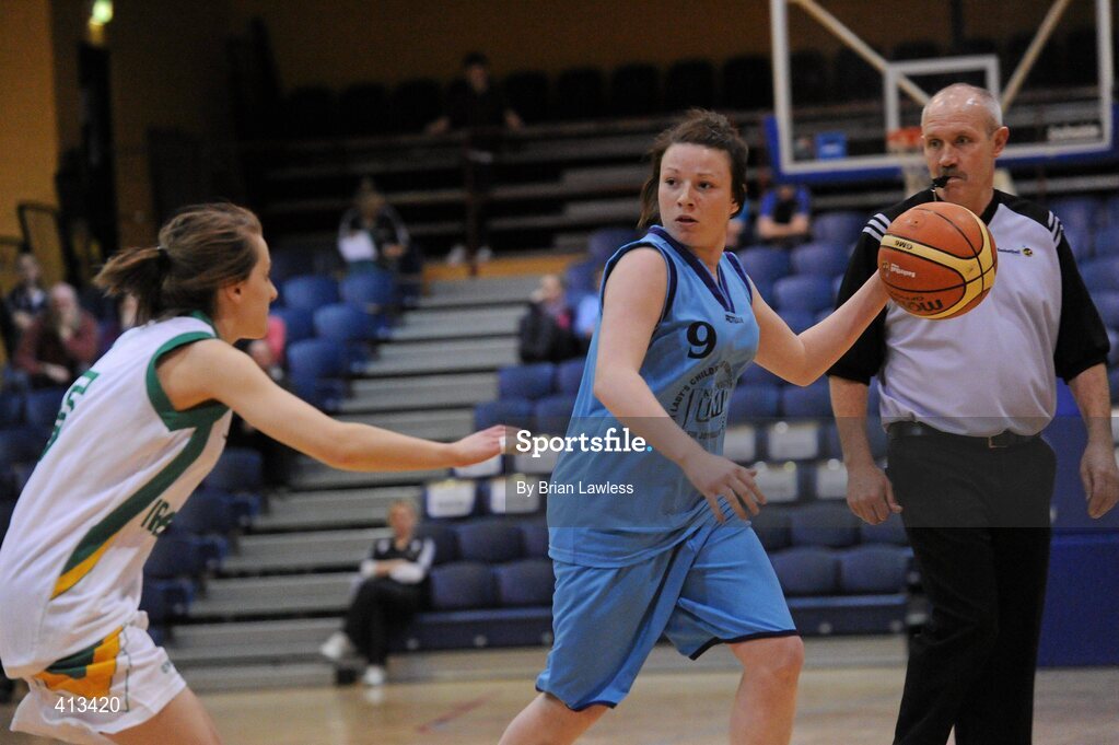 25 March 2010; Vikki Falconer, Stella Maris Secondary School, in action against Aislinn Mythen, St Mary's College. U19C Girls - All-Ireland Schools League Finals 2010, St Mary's College, Arklow v Stella Maris Secondary School, Waterford, National Basketball Arena, Tallaght, Dublin. Picture credit: Brian Lawless / SPORTSFILE