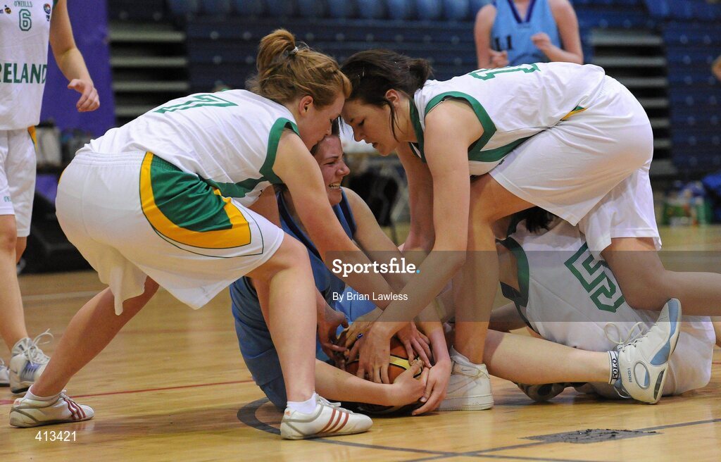 25 March 2010; Beth Cummins, Stella Maris Secondary School, in action against, from left, Niamh Arthur, Kristina Delahunt, and Aislinn Mythen, St Mary's College. U19C Girls - All-Ireland Schools League Finals 2010, St Mary's College, Arklow v Stella Maris Secondary School, Waterford, National Basketball Arena, Tallaght, Dublin. Picture credit: Brian Lawless / SPORTSFILE