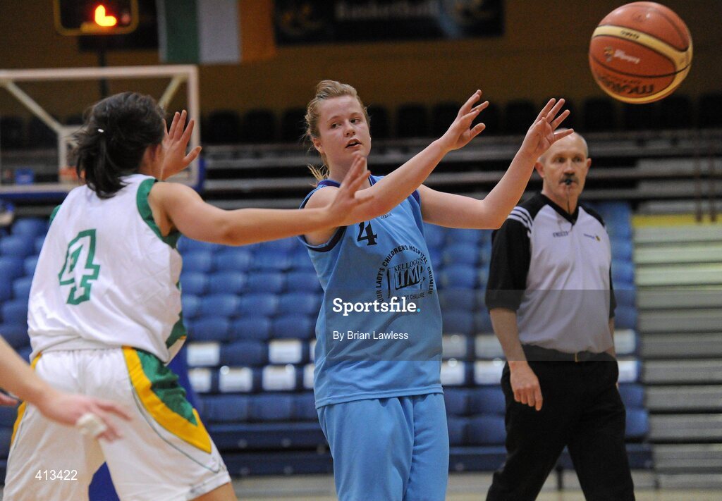 25 March 2010; Aisling Hennebry, Stella Maris Secondary School, in action against Heather Murphy, St Mary's College. U19C Girls - All-Ireland Schools League Finals 2010, St Mary's College, Arklow v Stella Maris Secondary School, Waterford, National Basketball Arena, Tallaght, Dublin. Picture credit: Brian Lawless / SPORTSFILE