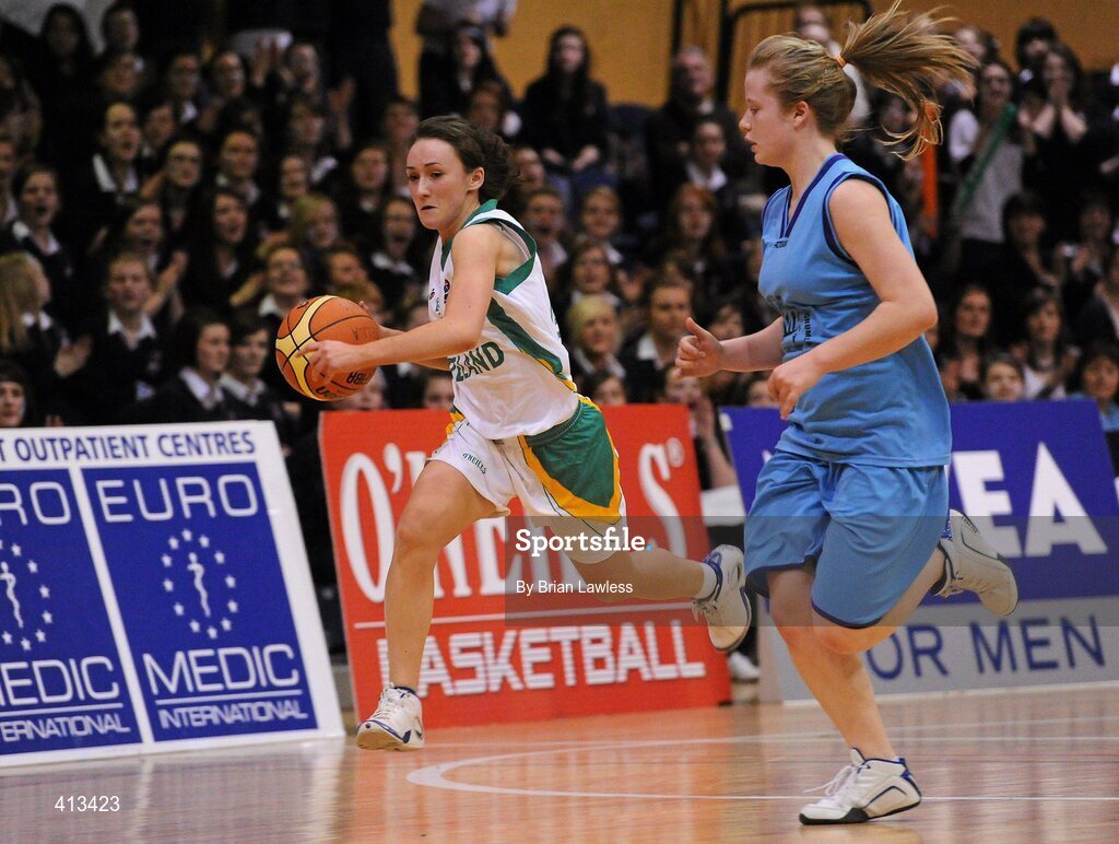 25 March 2010; Heather Murphy, St Mary's College, in action against Aisling Hennebry, Stella Maris Secondary School. U19C Girls - All-Ireland Schools League Finals 2010, St Mary's College, Arklow v Stella Maris Secondary School, Waterford, National Basketball Arena, Tallaght, Dublin. Picture credit: Brian Lawless / SPORTSFILE