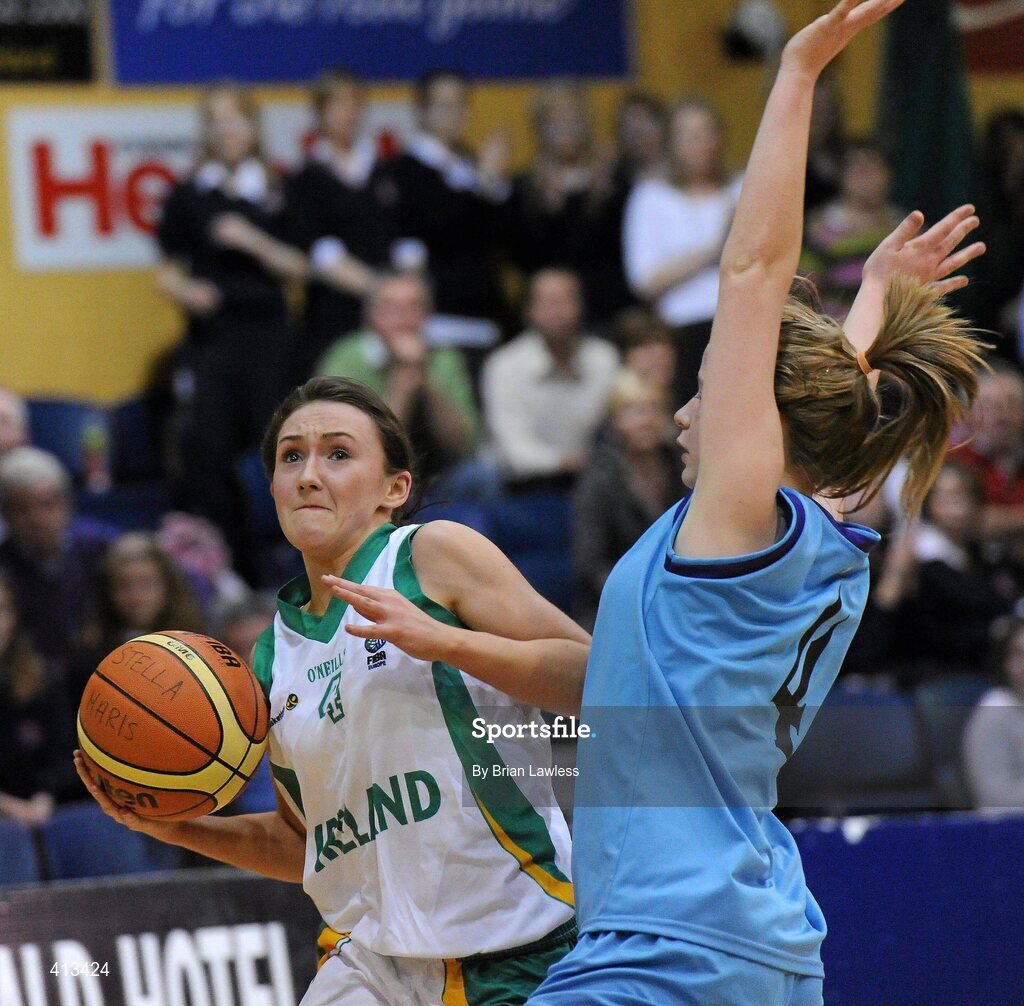 25 March 2010; Heather Murphy, St Mary's College, in action against Aisling Hennebry, Stella Maris Secondary School. U19C Girls - All-Ireland Schools League Finals 2010, St Mary's College, Arklow v Stella Maris Secondary School, Waterford, National Basketball Arena, Tallaght, Dublin. Picture credit: Brian Lawless / SPORTSFILE