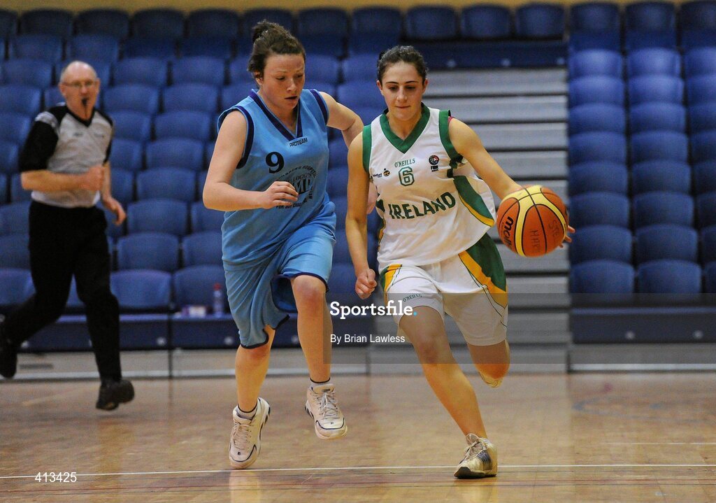 25 March 2010; Katie McMullen, St Mary's College, in action against Vikki Falconer, Stella Maris Secondary School. U19C Girls - All-Ireland Schools League Finals 2010, St Mary's College, Arklow v Stella Maris Secondary School, Waterford, National Basketball Arena, Tallaght, Dublin. Picture credit: Brian Lawless / SPORTSFILE