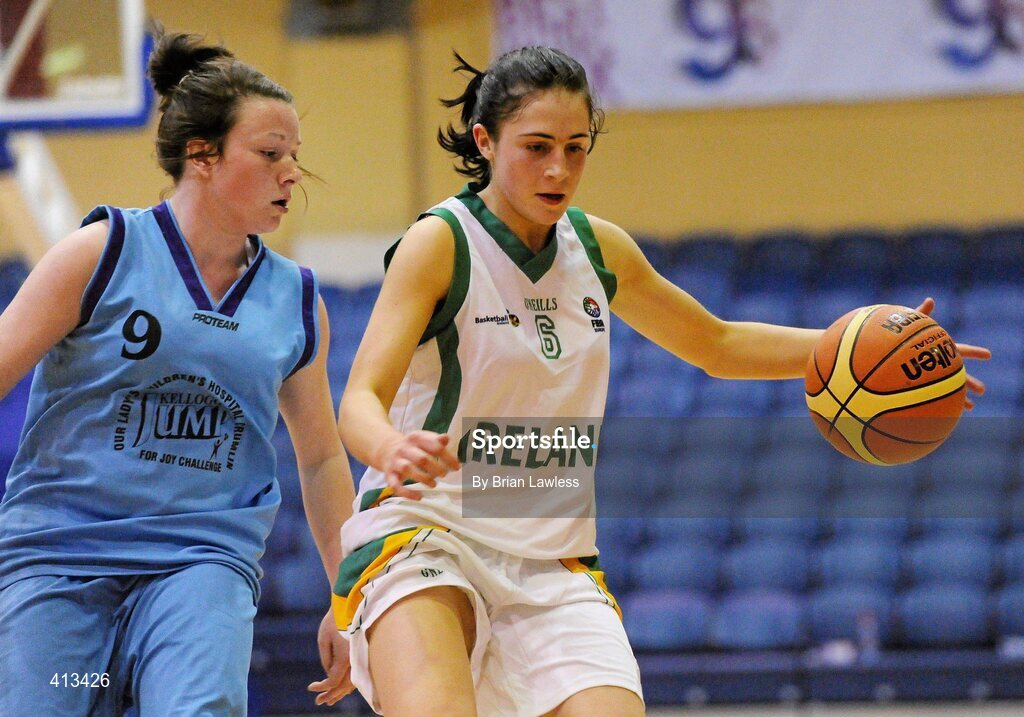 25 March 2010; Katie McMullen, St Mary's College, in action against Vikki Falconer, Stella Maris Secondary School. U19C Girls - All-Ireland Schools League Finals 2010, St Mary's College, Arklow v Stella Maris Secondary School, Waterford, National Basketball Arena, Tallaght, Dublin. Picture credit: Brian Lawless / SPORTSFILE