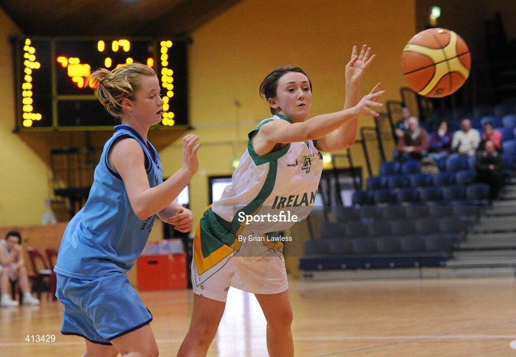 25 March 2010; Heather Murphy, St Mary's College, in action against Aisling Hennebry, Stella Maris Secondary School. U19C Girls - All-Ireland Schools League Finals 2010, St Mary's College, Arklow v Stella Maris Secondary School, Waterford, National Basketball Arena, Tallaght, Dublin. Picture credit: Brian Lawless / SPORTSFILE