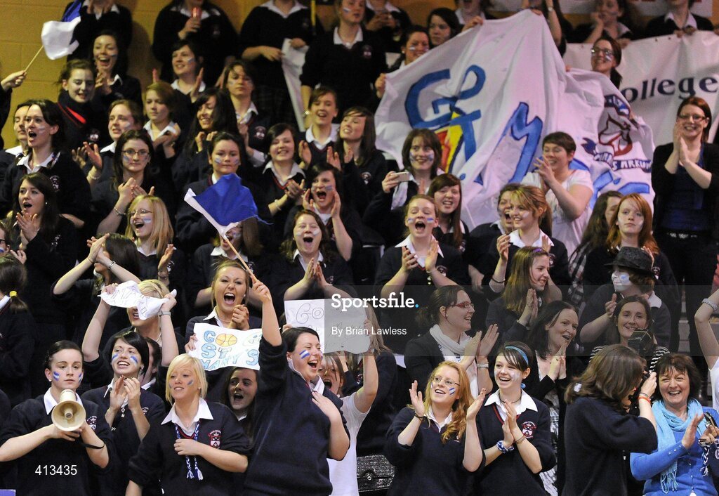 25 March 2010; St Mary's College supporters celebrate a late score. U19C Girls - All-Ireland Schools League Finals 2010, St Mary's College, Arklow v Stella Maris Secondary School, Waterford, National Basketball Arena, Tallaght, Dublin. Picture credit: Brian Lawless / SPORTSFILE