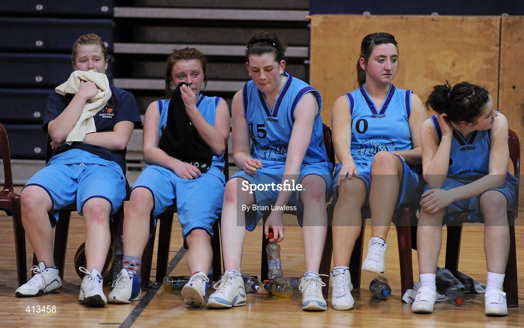 25 March 2010; Dejected Stella Maris Secondary School players after defeat in the final. U19C Girls - All-Ireland Schools League Finals 2010, St Mary's College, Arklow v Stella Maris Secondary School, Waterford, National Basketball Arena, Tallaght, Dublin. Picture credit: Brian Lawless / SPORTSFILE