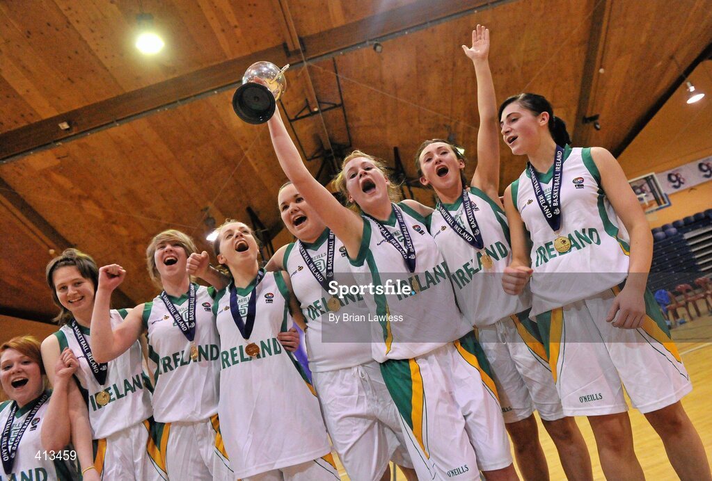 25 March 2010; St Mary's College players celebrate with the cup. U19C Girls - All-Ireland Schools League Finals 2010, St Mary's College, Arklow v Stella Maris Secondary School, Waterford, National Basketball Arena, Tallaght, Dublin. Picture credit: Brian Lawless / SPORTSFILE