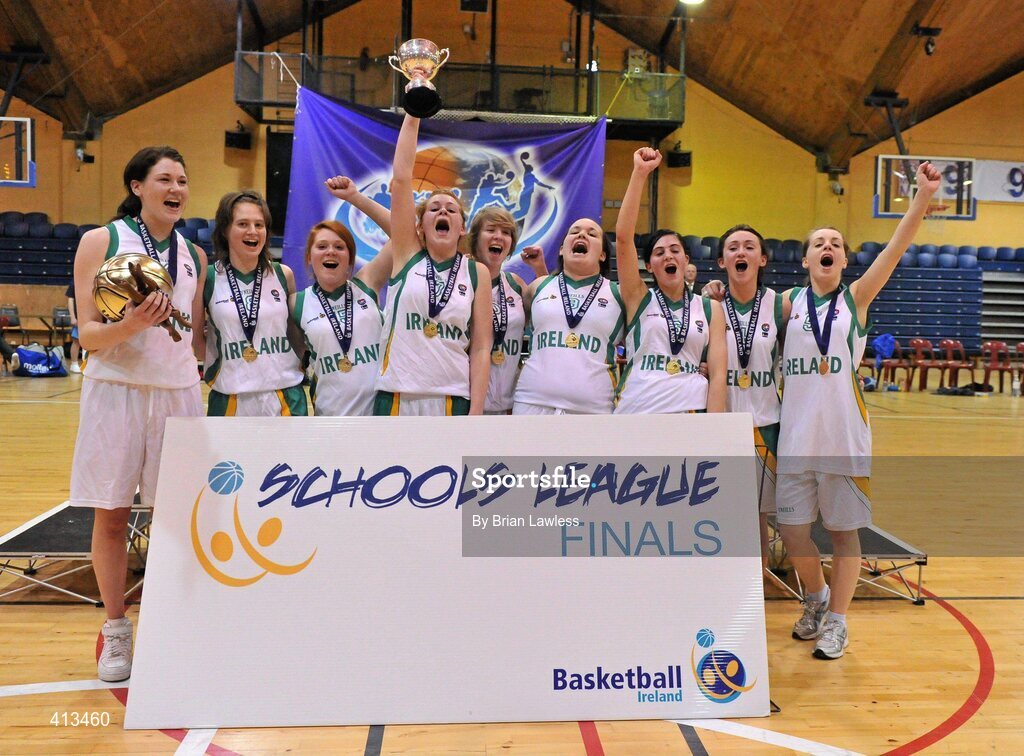 25 March 2010; The St Mary's College team celebrate with the cup. U19C Girls - All-Ireland Schools League Finals 2010, St Mary's College, Arklow v Stella Maris Secondary School, Waterford, National Basketball Arena, Tallaght, Dublin. Picture credit: Brian Lawless / SPORTSFILE