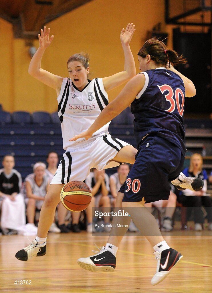27 March 2010; Rheanne O'Shea, Scruffy St Paul's, in action against Lynn McLoughlin, Oblate Dynamos. Basketball Ireland Women’s Division One Final, Oblate Dynamos, Dublin v Scruffy St Paul's, Killarney, Co. Kerry, National Basketball Arena, Tallaght, Dublin. Picture credit: Brendan Moran / SPORTSFILE