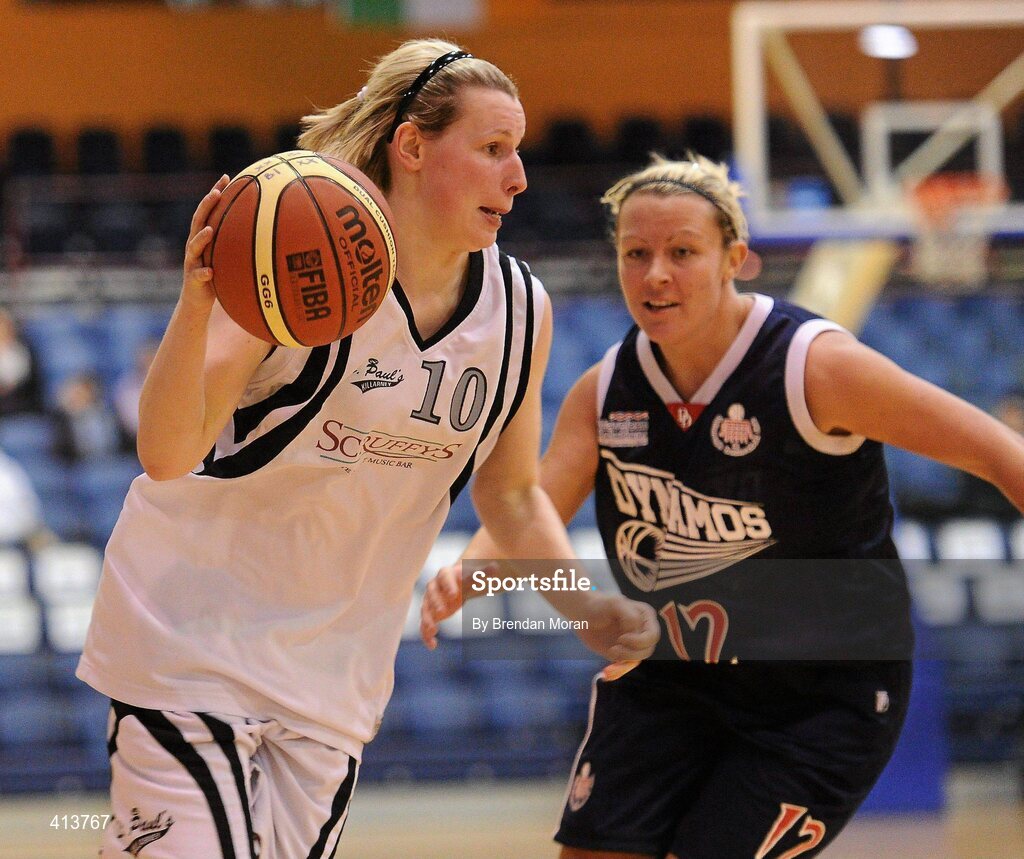 27 March 2010; Mairead Finnegan, Scruffy St Paul's, in action against Tammy McKenna, Oblate Dynamos. Basketball Ireland Women’s Division One Final, Oblate Dynamos, Dublin v Scruffy St Paul's, Killarney, Co. Kerry, National Basketball Arena, Tallaght, Dublin. Picture credit: Brendan Moran / SPORTSFILE