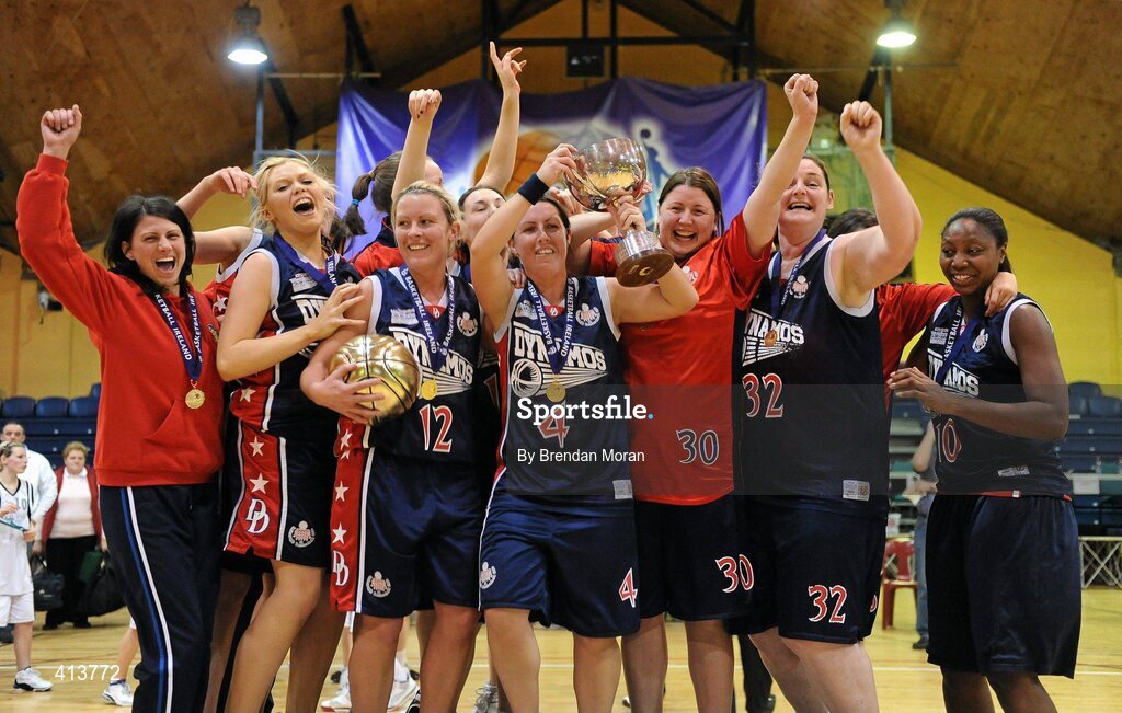 27 March 2010; The Oblate Dynamos team celebrate with the cup after the game. Basketball Ireland Women’s Division One Final, Oblate Dynamos, Dublin v Scruffy St Paul's, Killarney, Co. Kerry, National Basketball Arena, Tallaght, Dublin. Picture credit: Brendan Moran / SPORTSFILE