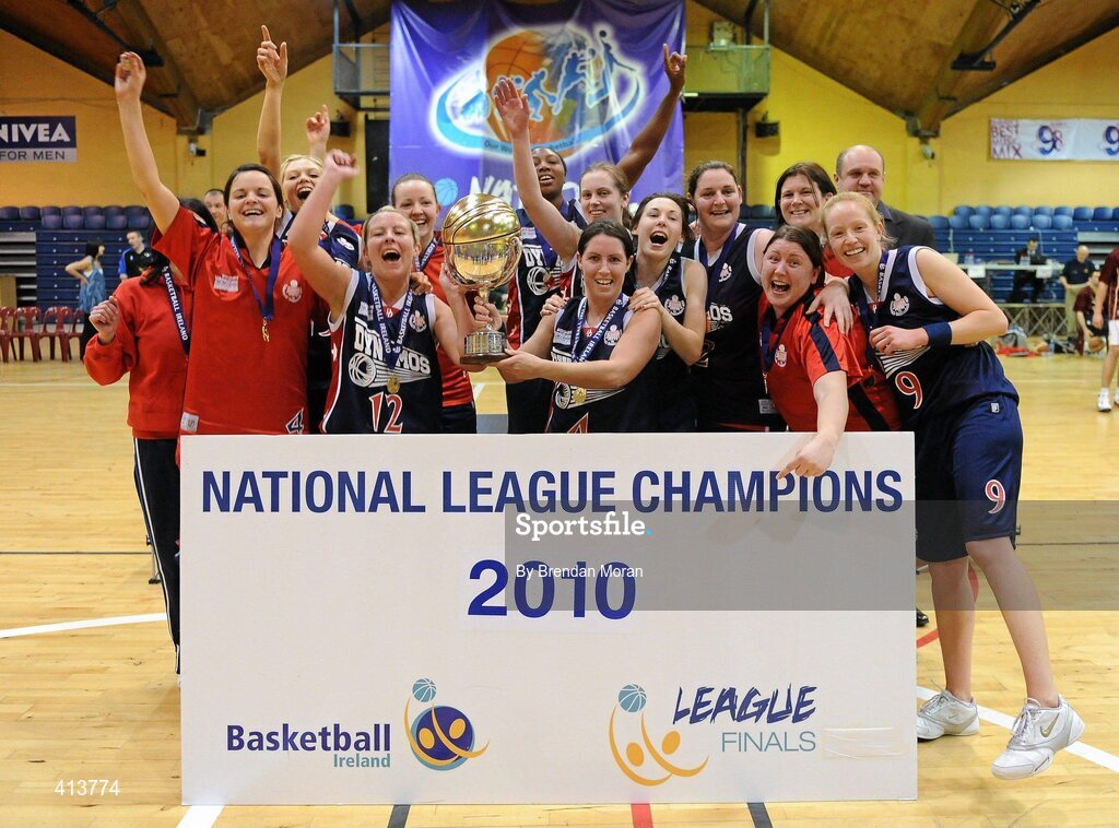 27 March 2010; The Oblate Dynamos celebrate with the cup after the game. Basketball Ireland Women’s Division One Final, Oblate Dynamos, Dublin v Scruffy St Paul's, Killarney, Co. Kerry, National Basketball Arena, Tallaght, Dublin. Picture credit: Brendan Moran / SPORTSFILE