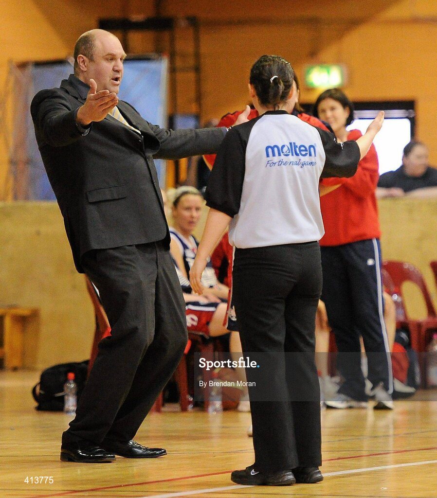 27 March 2010; Oblate Dynamos head coach Igor Petrovich reacts after being sent from the court by referee Lynda Cassidy. Basketball Ireland Women’s Division One Final, Oblate Dynamos, Dublin v Scruffy St Paul's, Killarney, Co. Kerry, National Basketball Arena, Tallaght, Dublin. Picture credit: Brendan Moran / SPORTSFILE