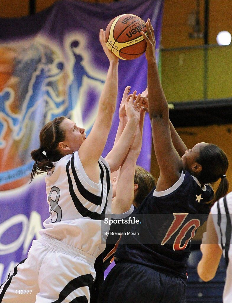 27 March 2010; Catriona O'Connell, Scruffy St Paul's, is blocked by Theresa Smith, Oblate Dynamos. Basketball Ireland Women’s Division One Final, Oblate Dynamos, Dublin v Scruffy St Paul's, Killarney, Co. Kerry, National Basketball Arena, Tallaght, Dublin. Picture credit: Brendan Moran / SPORTSFILE