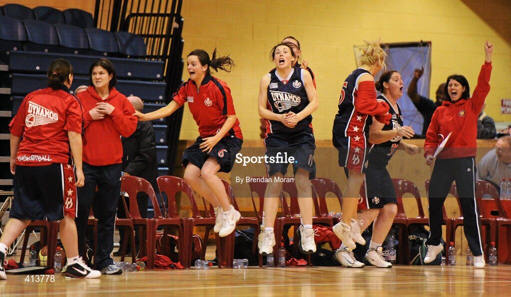 27 March 2010; Oblate Dynamos players, including Sinead Boland, 6, and Shelly Behan, 11, celebrate a late score. Basketball Ireland Women’s Division One Final, Oblate Dynamos, Dublin v Scruffy St Paul's, Killarney, Co. Kerry, National Basketball Arena, Tallaght, Dublin. Picture credit: Brendan Moran / SPORTSFILE