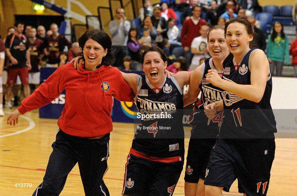 27 March 2010; Oblate Dynamos players, from left, Ildiko Toth, Georgina McKanna, Michelle Hynes and Shelly Behan celebrate after the game. Basketball Ireland Women’s Division One Final, Oblate Dynamos, Dublin v Scruffy St Paul's, Killarney, Co. Kerry, National Basketball Arena, Tallaght, Dublin. Picture credit: Brendan Moran / SPORTSFILE
