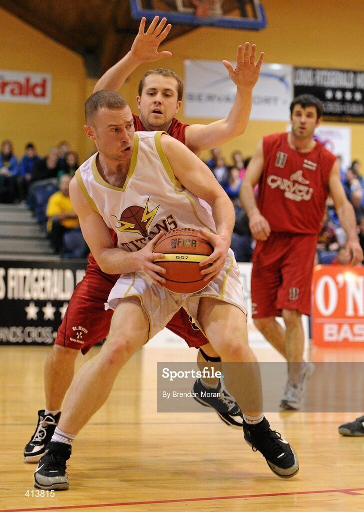 27 March 2010; Sean Carroll, Titans, in action against Declan Wall, Team Garvey St Mary's. Basketball Ireland Men’s Division One Final, Titans, Galway v Team Garvey St Mary's, Castleisland, Co. Kerry, National Basketball Arena, Tallaght, Dublin. Picture credit: Brendan Moran / SPORTSFILE
