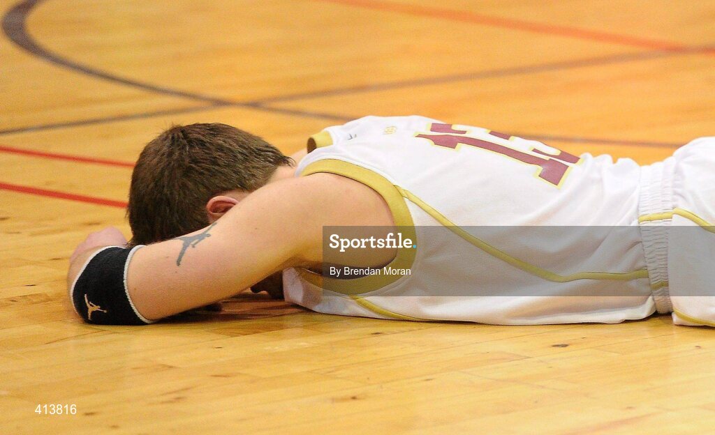 27 March 2010; A dejected Paulius Peldzius, Titans, at the final buzzer. Basketball Ireland Men’s Division One Final, Titans, Galway v Team Garvey St Mary's, Castleisland, Co. Kerry, National Basketball Arena, Tallaght, Dublin. Picture credit: Brendan Moran / SPORTSFILE
