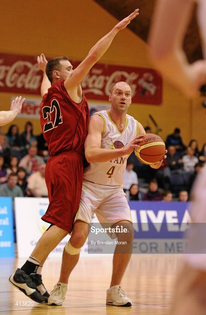 27 March 2010; David O'Keeffe, Titans, in action against Viktoras Velykis, Team Garvey St Mary's. Basketball Ireland Men’s Division One Final, Titans, Galway v Team Garvey St Mary's, Castleisland, Co. Kerry, National Basketball Arena, Tallaght, Dublin. Picture credit: Brendan Moran / SPORTSFILE