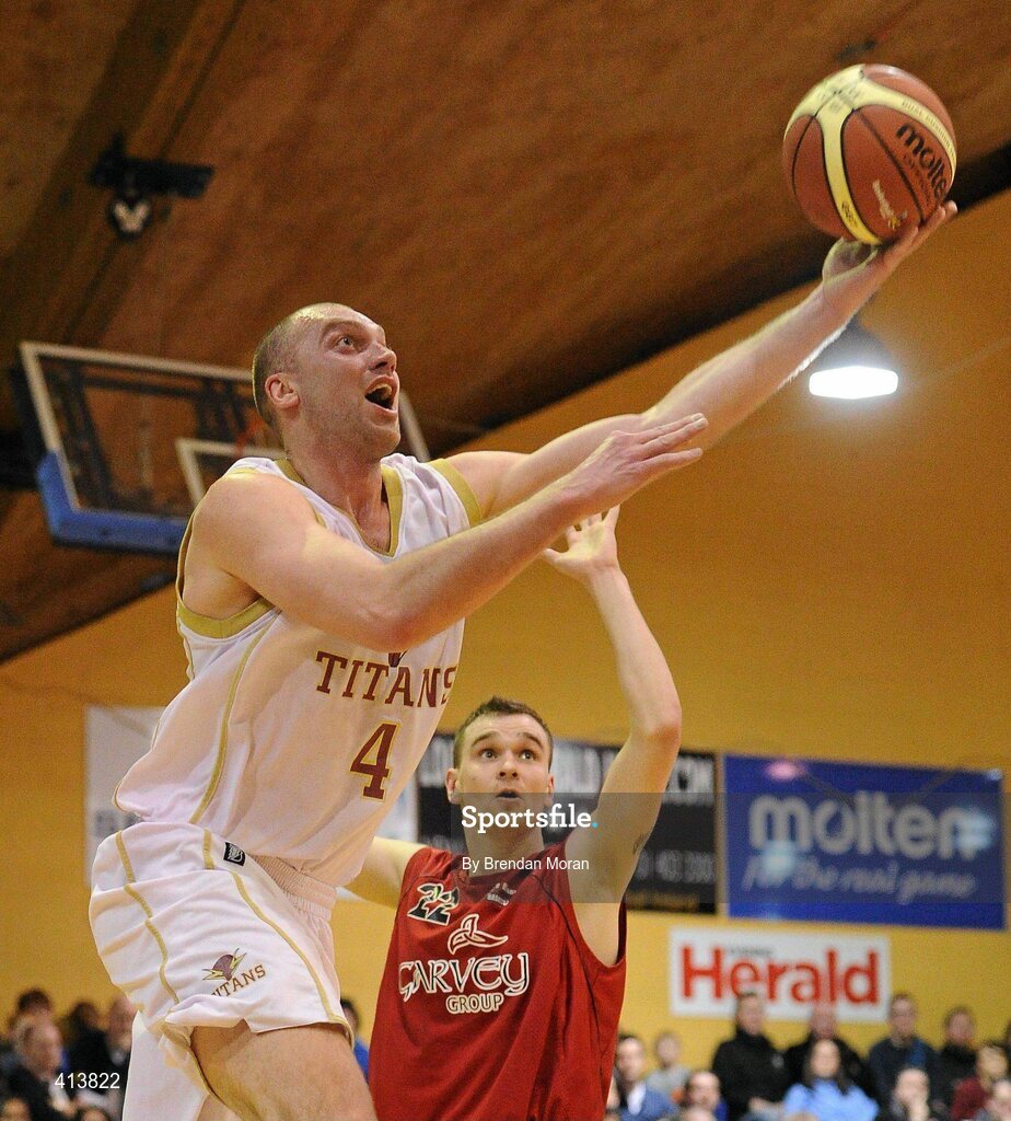 27 March 2010; David O'Keeffe, Titans, in action against Viktoras Velykis, Team Garvey St Mary's. Basketball Ireland Men’s Division One Final, Titans, Galway v Team Garvey St Mary's, Castleisland, Co. Kerry, National Basketball Arena, Tallaght, Dublin. Picture credit: Brendan Moran / SPORTSFILE
