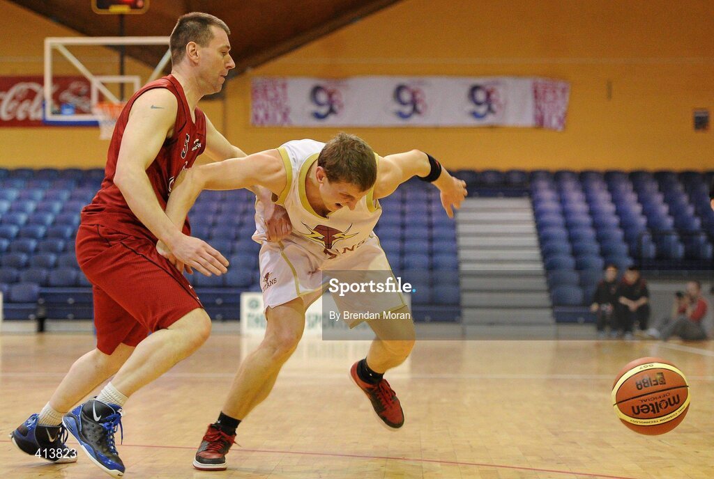 27 March 2010; Paulius Peldzuis, Titans, in action against Tom Fleming, Team Garvey St Mary's. Basketball Ireland Men’s Division One Final, Titans, Galway v Team Garvey St Mary's, Castleisland, Co. Kerry, National Basketball Arena, Tallaght, Dublin. Picture credit: Brendan Moran / SPORTSFILE