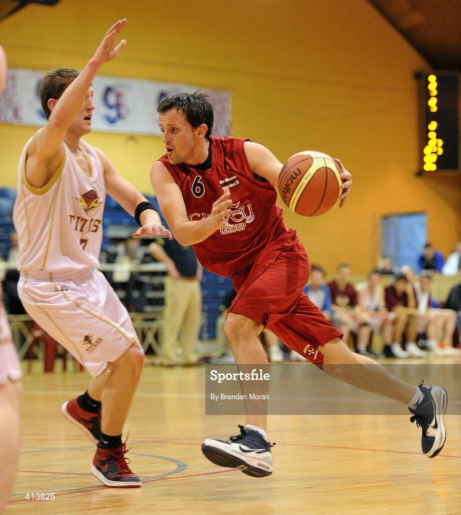 27 March 2010; Ruairi Rahilly, Team Garvey St Mary's, in action against Paulius Pledzius, Titans. Basketball Ireland Men’s Division One Final, Titans, Galway v Team Garvey St Mary's, Castleisland, Co. Kerry, National Basketball Arena, Tallaght, Dublin. Picture credit: Brendan Moran / SPORTSFILE