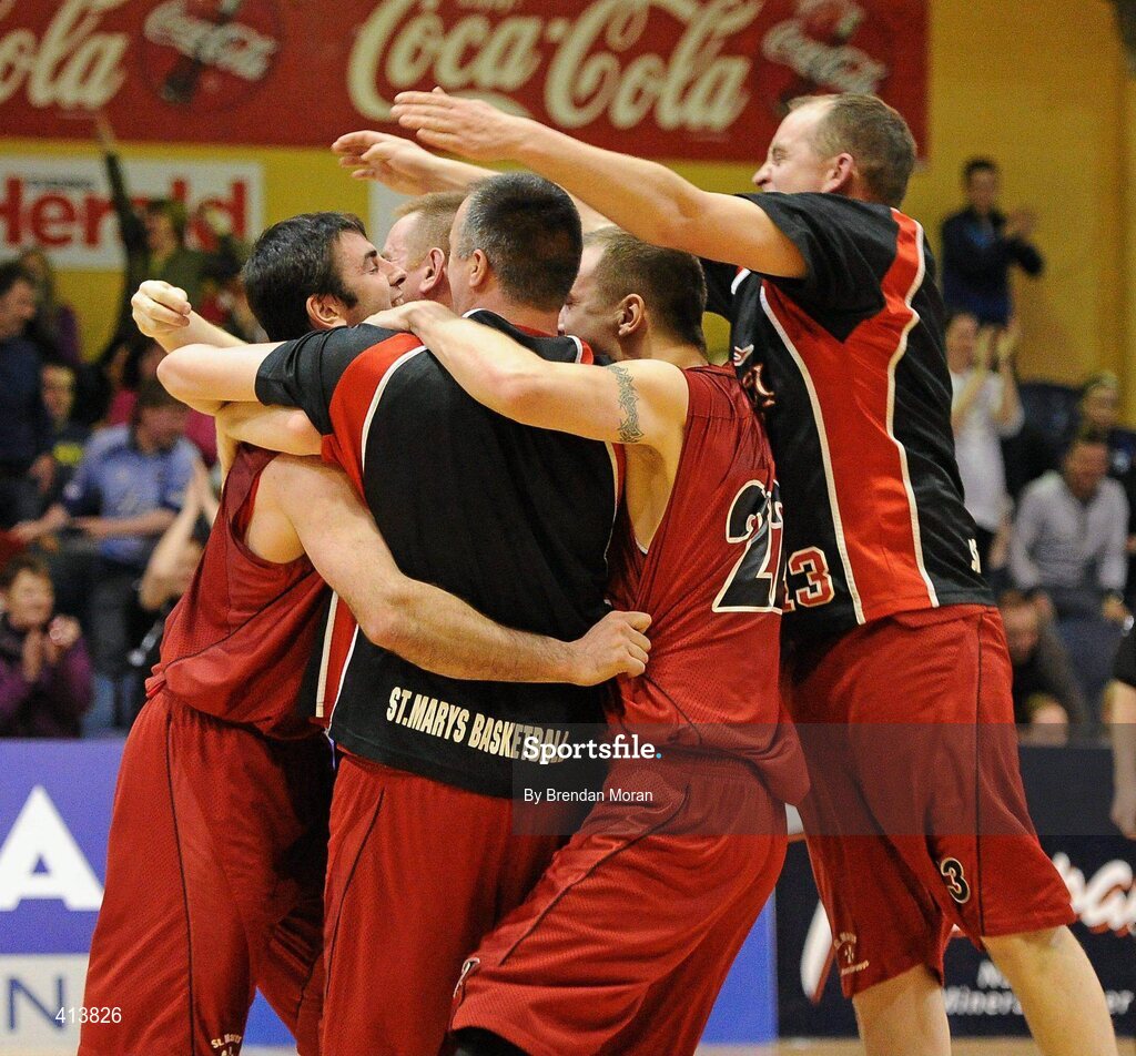 27 March 2010; Team Garvey St Mary's players celebrate victory at the final whistle. Basketball Ireland Men’s Division One Final, Titans, Galway v Team Garvey St Mary's, Castleisland, Co. Kerry, National Basketball Arena, Tallaght, Dublin. Picture credit: Brendan Moran / SPORTSFILE
