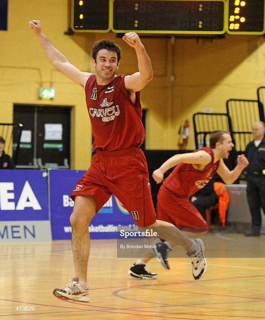 27 March 2010; John Galvin, Team Garvey St Mary's, celebrates at the final buzzer. Basketball Ireland Men’s Division One Final, Titans, Galway v Team Garvey St Mary's, Castleisland, Co. Kerry, National Basketball Arena, Tallaght, Dublin. Picture credit: Brendan Moran / SPORTSFILE