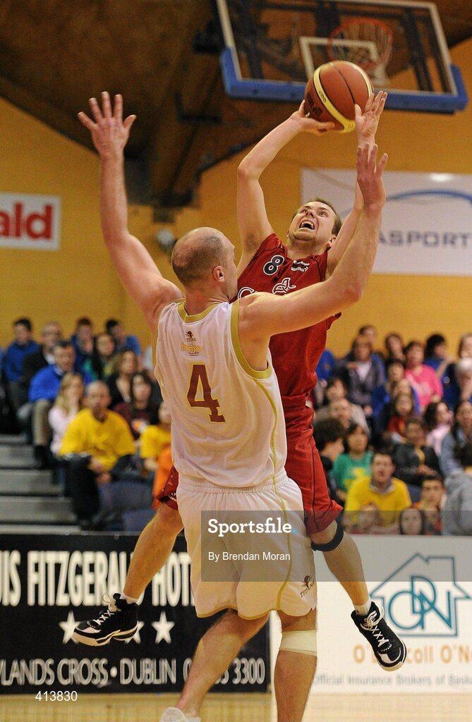 27 March 2010; Declan Wall, Team Garvey St Mary's, in action against David O'Keeffe, Titans. Basketball Ireland Men’s Division One Final, Titans, Galway v Team Garvey St Mary's, Castleisland, Co. Kerry, National Basketball Arena, Tallaght, Dublin. Picture credit: Brendan Moran / SPORTSFILE