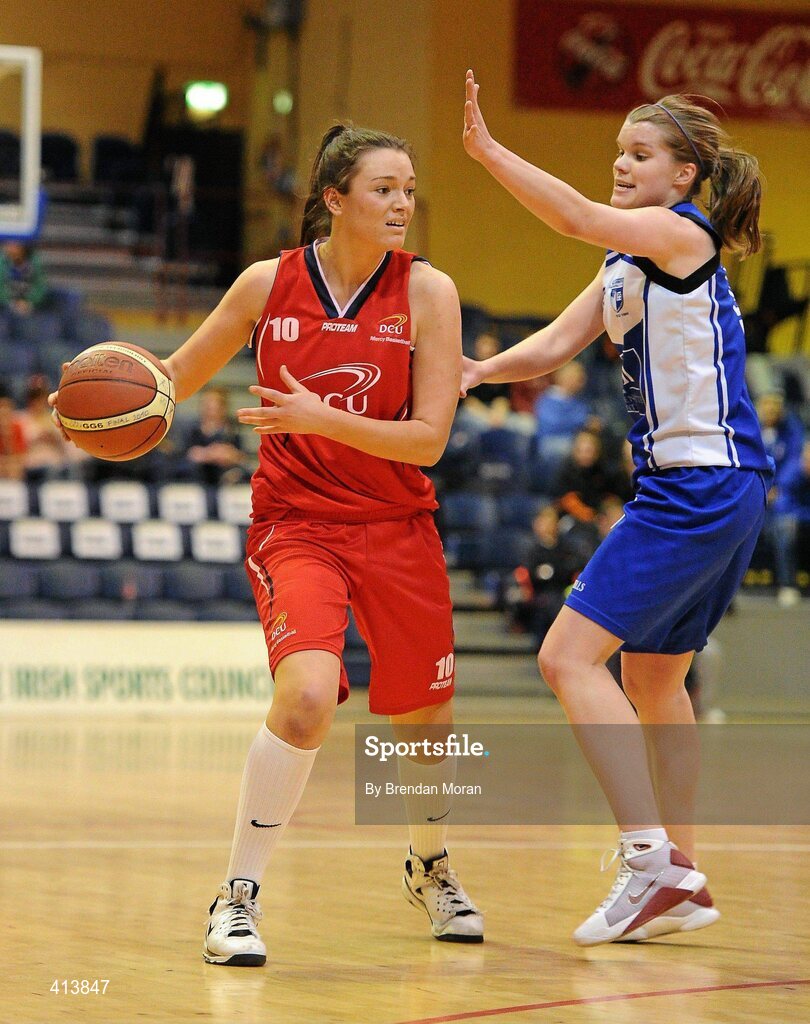 27 March 2010; Shauna O'Connor, DCU Mercy, in action against Claire Rockall, Team Montenotte Hotel Cork. IrishSport.TV Women’s SuperLeague Final, Team Montenotte Hotel Cork v DCU Mercy, National Basketball Arena, Tallaght, Dublin. Picture credit: Brendan Moran / SPORTSFILE