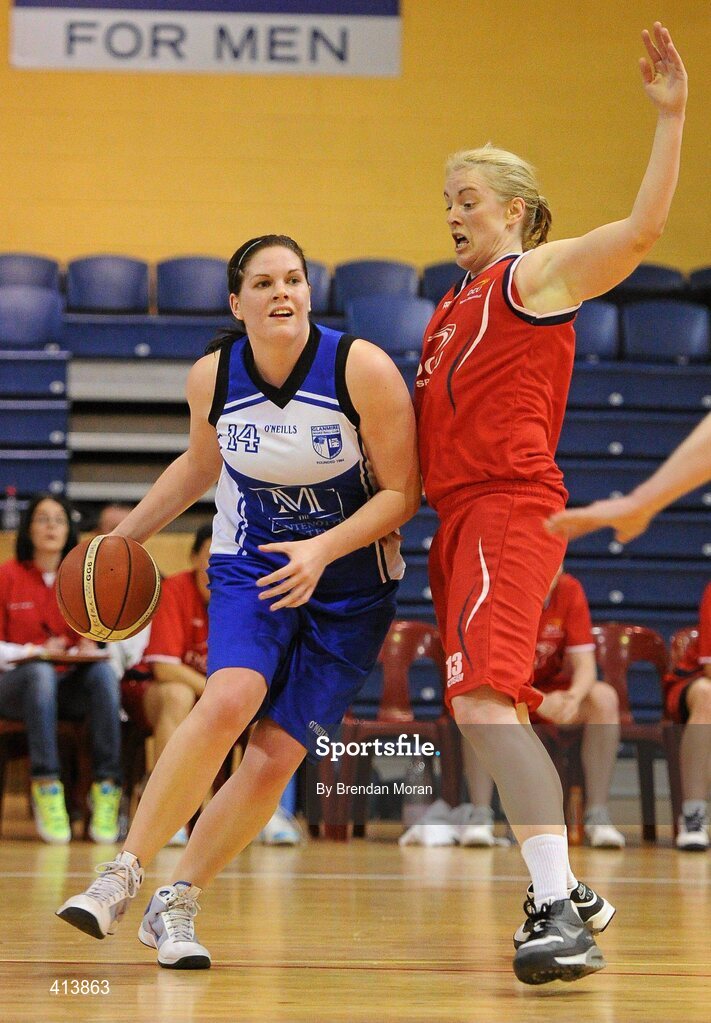 27 March 2010; Marie Breen, Team Montenotte Hotel Cork, in action against Suzanne Maguire, DCU Mercy. IrishSport.TV Women’s SuperLeague Final, Team Montenotte Hotel Cork v DCU Mercy, National Basketball Arena, Tallaght, Dublin. Picture credit: Brendan Moran / SPORTSFILE
