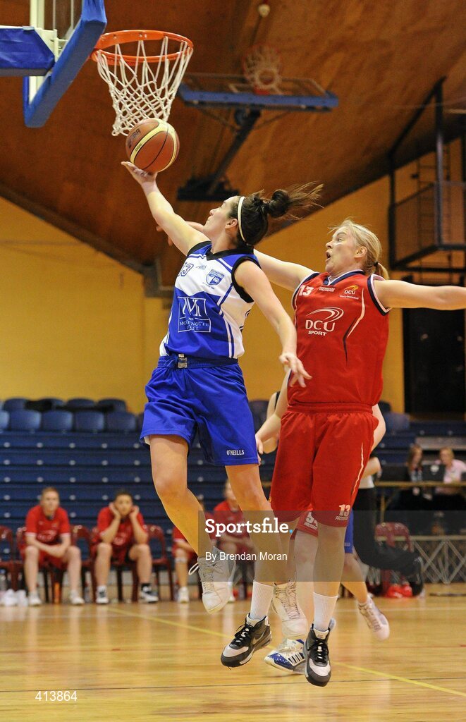27 March 2010; Grainne Dwyer, Team Montenotte Hotel Cork, goes for a lay-up against Suzanne Maguire, DCU Mercy. IrishSport.TV Women’s SuperLeague Final, Team Montenotte Hotel Cork v DCU Mercy, National Basketball Arena, Tallaght, Dublin. Picture credit: Brendan Moran / SPORTSFILE