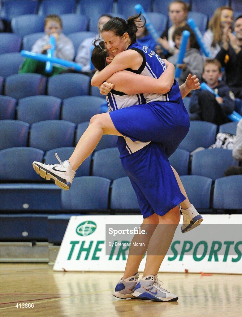 27 March 2010; Team Montenotte Hotel Cork players Niamh Dwyer and team captain Marie Breen celebrate at the final buzzer. IrishSport.TV Women’s SuperLeague Final, Team Montenotte Hotel Cork v DCU Mercy, National Basketball Arena, Tallaght, Dublin. Picture credit: Brendan Moran / SPORTSFILE