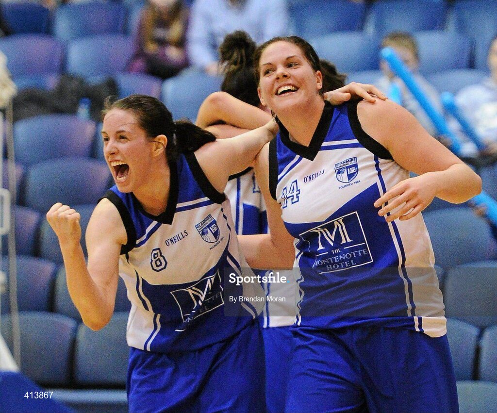 27 March 2010; Team Montenotte Hotel Cork players Niamh Dwyer and team captain Marie Breen celebrate at the final buzzer. IrishSport.TV Women’s SuperLeague Final, Team Montenotte Hotel Cork v DCU Mercy, National Basketball Arena, Tallaght, Dublin. Picture credit: Brendan Moran / SPORTSFILE