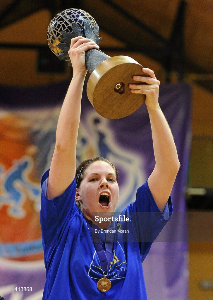 27 March 2010; Team Montenotte Hotel Cork captain Marie Breen lifts the Superleague trophy after victory over DCU Mercy. IrishSport.TV Women’s SuperLeague Final, Team Montenotte Hotel Cork v DCU Mercy, National Basketball Arena, Tallaght, Dublin. Picture credit: Brendan Moran / SPORTSFILE