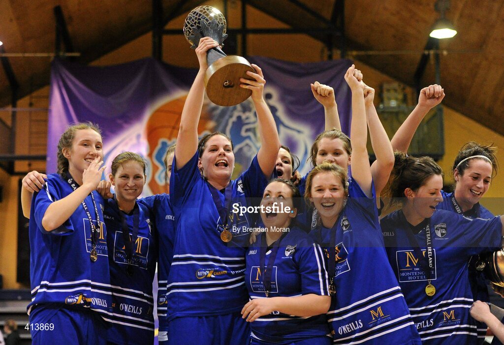 27 March 2010; Team Montenotte Hotel Cork celebrate with the SuperLeague trophy after victory over DCU Mercy. IrishSport.TV Women’s SuperLeague Final, Team Montenotte Hotel Cork v DCU Mercy, National Basketball Arena, Tallaght, Dublin. Picture credit: Brendan Moran / SPORTSFILE