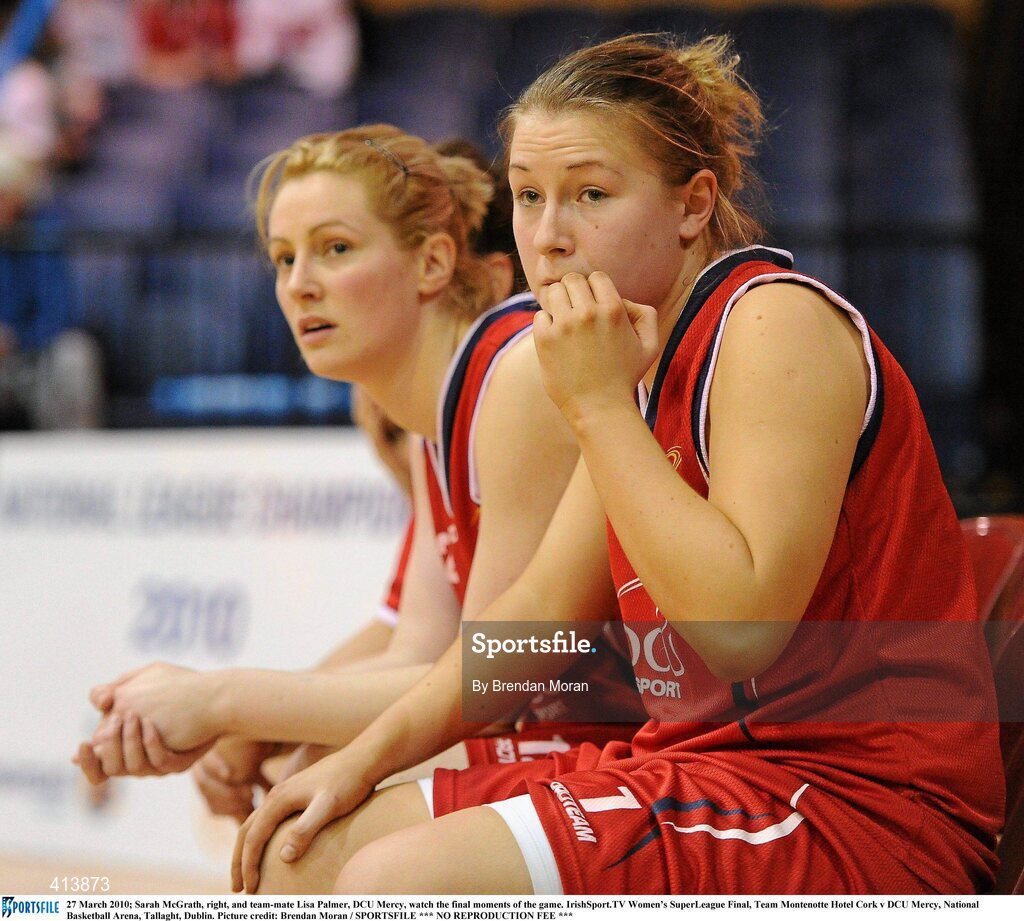 27 March 2010; Sarah McGrath, right, and team-mate Lisa Palmer, DCU Mercy, watch the final moments of the game. IrishSport.TV Women’s SuperLeague Final, Team Montenotte Hotel Cork v DCU Mercy, National Basketball Arena, Tallaght, Dublin. Picture credit: Brendan Moran / SPORTSFILE