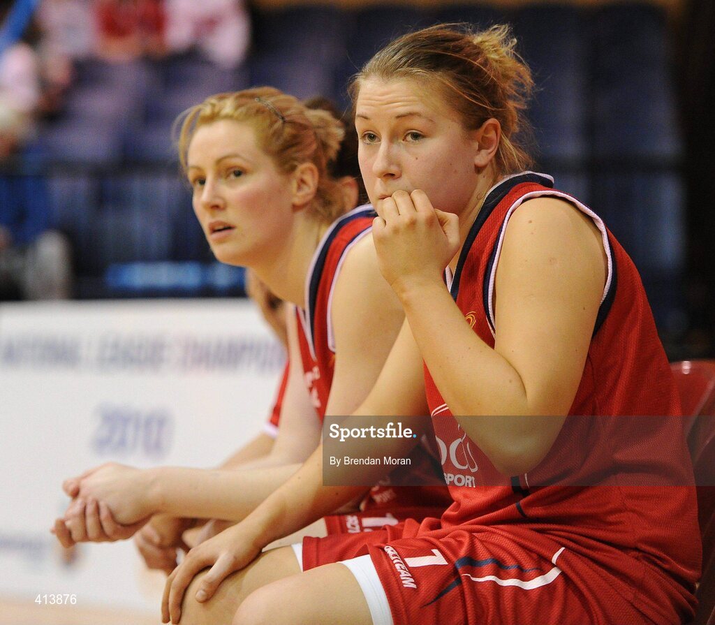 27 March 2010; Sarah McGrath, right, and team-mate Lisa Palmer, DCU Mercy, watch the final moments of the game. IrishSport.TV Women’s SuperLeague Final, Team Montenotte Hotel Cork v DCU Mercy, National Basketball Arena, Tallaght, Dublin. Picture credit: Brendan Moran / SPORTSFILE